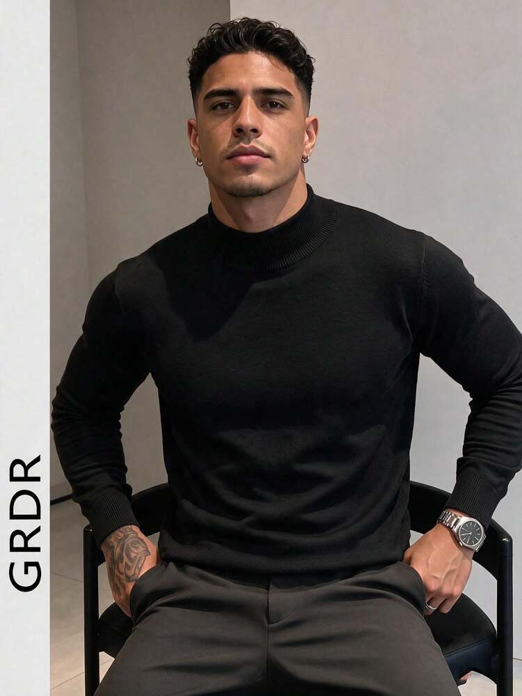 GRDR 男士秋冬休閒極簡純色小高領毛衣 - 黑色 - 查看 2