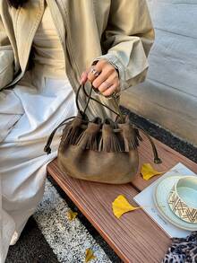 Autumn/Winter New Fashion Ruched Faux Suede Bucket Bag Mini Phone Bag Small Square Bag Commuter Style Women's Bag With Tassel - Dark Green - View 5