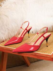 Sepatu Hak Tinggi Stiletto Ujung Lancip Seksi Bergaya dengan Penutup Hak Logam dan Tali Belakang untuk Wanita, Merah - Merah - View 4