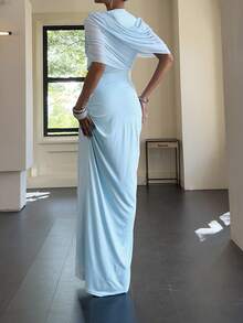 Women 2 Pieces Maxi Dress Set Ruched Shawl And Sleeveless Long Dress Elegant Solid Color Bodycon Flowy Dress Set For Wedding Guest Party And Vacation - Blue - View 8
