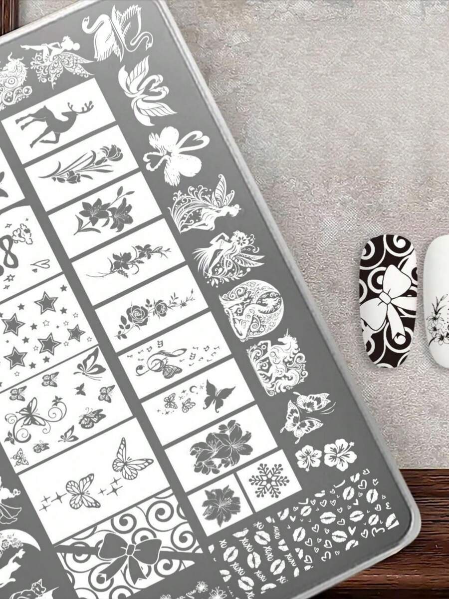Girl's Heart Nail Art Stamping Plates, Butterfly Fairy Swan Unicorn Patterns, Ethereal And Beautiful Floral Designs, Even Printing, Reusable, Nail Art Essential, Clear Printing, Nail Art Tool Accessories, Nail Art Stamping Templates - Multicolor - View 1