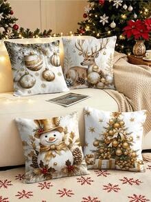 4pcs/1pc Luxury White & Gold Christmas Home Decor Pillow Covers - Printed With Christmas Tree, Snowman, Reindeer Patterns; Size 18x18 Inches; Suitable For Room Decor, Bedroom Decor, Living Room Decor, Sofa, Christmas Party Decor And Winter Farmhouse Style Home Decor (Pillow Insert Not Included) - Multicolor - View 1