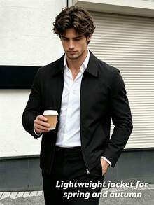 1pc Men's Casual Turndown Collar Jacket, Business Gentleman Casual Jacket Top For Spring & Autumn, Business Formal Style - Black - View 3