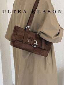 1pc Solid Color Suede Shoulder Bag, Women's Vintage Casual Underarm Bag, Zipper Closure, Adjustable Shoulder Strap, Suitable For Daily Commute Use - Coffee - View 5