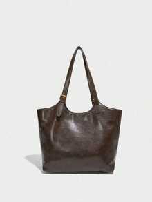 Vintage Distressed Soft Leather Shoulder Bag, Large Capacity With Gold Adjustable Buckle Strap, Detachable Braided Coconut Tree Charm, Soft Wrinkled Texture, Open Top, Fits Books And Tablets, Suitable For Commuting, Students, Classes And Travel, Retro Vibe - Coffee Brown - View 3