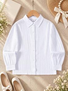 Tween Girl Classic Casual Campus Style White Long Sleeve Shirt For Girls, Suitable For Formal Events, Parties, Performances, And Dress-Up - White - View 2
