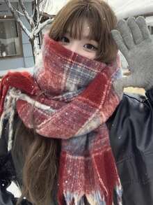 1pc Multicolored Plaid Scarf For Women, Warm Shawl Wrap, Student Style, Tasseled Neck WarmerNew Collection, Winter For Dress - Red - View 1