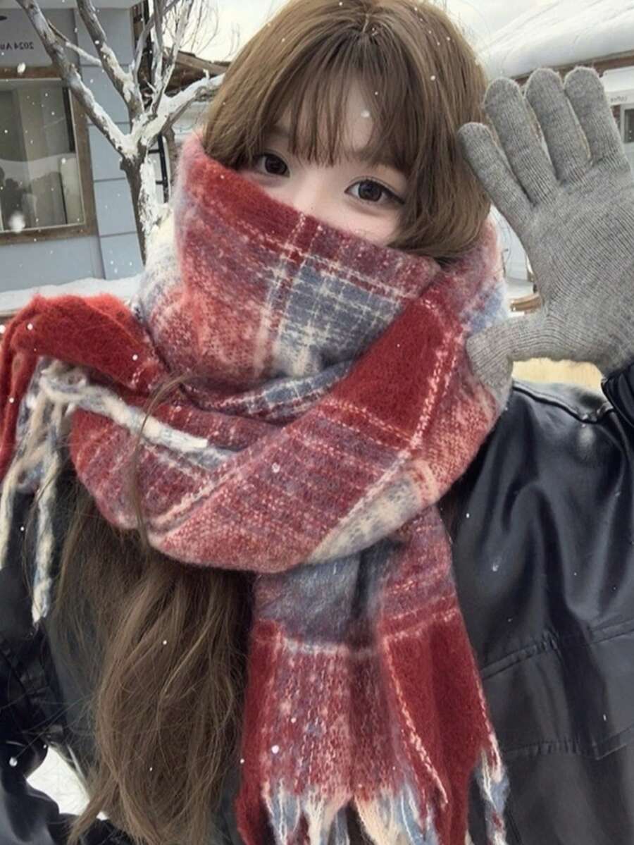 1pc Multicolored Plaid Scarf For Women, Warm Shawl Wrap, Student Style, Tasseled Neck WarmerNew Collection, Winter For Dress - Red - View 1