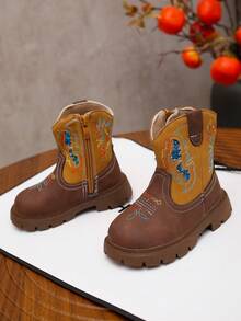Western Style Embroidered Children's Boots, Mid-Calf Western Boots, Vintage Mid-Calf Boots, Fashionable Comfortable Flat Boots, Suitable For Daily Wear In Autumn And Winter - Brown - View 2