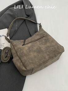 Vintage Distressed Large Capacity Tote Bag, Multiple External Zipper Pockets, Adjustable Extended Shoulder Strap, Casual Relaxed Bag Shape, Ample Internal Storage Space, Can Store Various Personal Items, Suitable For Commuting, Travel, Daily Outings, Creating A Lazy Atmosphere Outfit - Grey - View 6