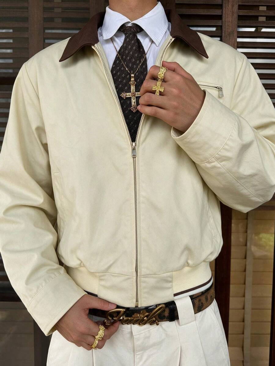 Vintage Colorblock Collar Short Jacket Men's American Style Contrast Lapel Zip-Up Silhouette Workwear Coat Spring Autumn - Light Yellow - View 1