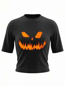 Women's High Neck Short Sleeve Pumpkin Print Cropped Knit T-Shirt, Autumn Essential - Black - View 5