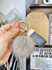 Light Luxury Pink Leather Lanyard Mink Fur Pom Pom Bag Charm, Minimalist High-End Plush Ball Keychain, Car Key Pendant, Small Holiday Gift For Women And Best Friends - Multicolor - View 13