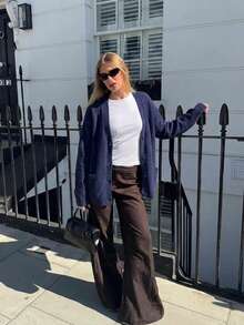 Women's Loose V-Neck Ribbed Knit Cardigan Long Sleeve Regular Length Button Front Sweater High Elastic Fabric Winter Fashion - Blue - View 2