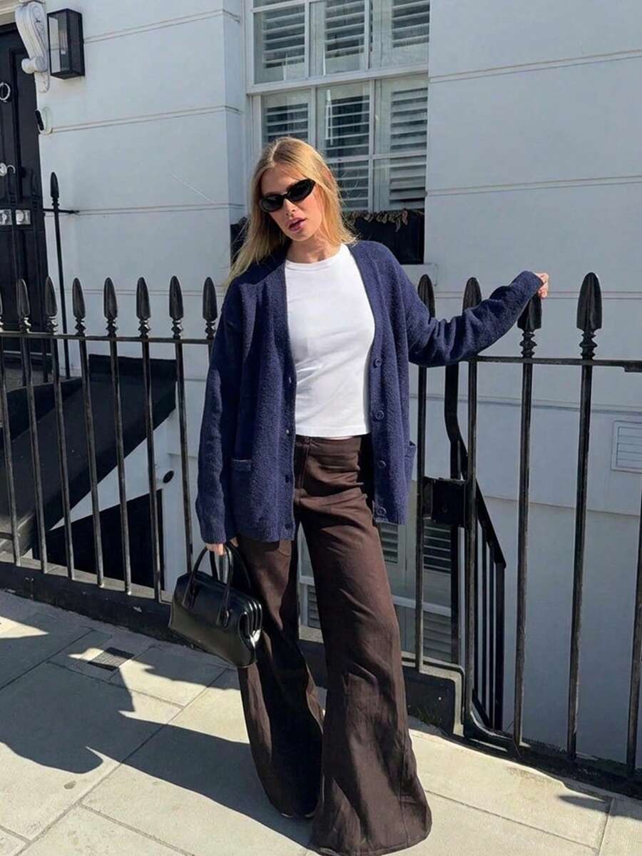 女款寬鬆V領羅紋針織開襟長袖常規長度鈕扣前襟毛衣 高彈力面料 冬季時尚 - 藍色 - 查看 1