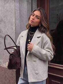 Women's Autumn Solid Color Double-Breasted Wool Jacket - Apricot - View 2