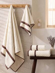 2/1pc Approx. 13.8*29.6in/27.6*55in Fashion Polka Dot Coral Fleece Thickened Towel, Bath Towel, Elegant Vintage Brown Lace Trim, Super Soft Highly Absorbent Quick Dry, Suitable For Home Bathroom Shower, Beach, Spa, Back To School Season - Beige - View 2