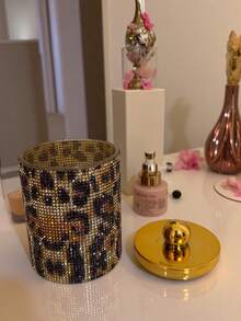 Luxury Leopard Print Acrylic Bathroom Storage Canister, Gold Lid Transparent Storage Box With Bamboo Base, Vanity Organizer - Multicolor - View 3