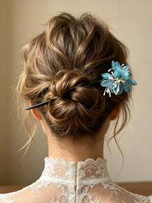 1pc Blue Glass Flower Tassel Hair Stick, Women's Elegant Updo Hair Accessory, Suitable For Daily Wear, Party, Back Of Head Styling, Gift - Multicolor - View 3