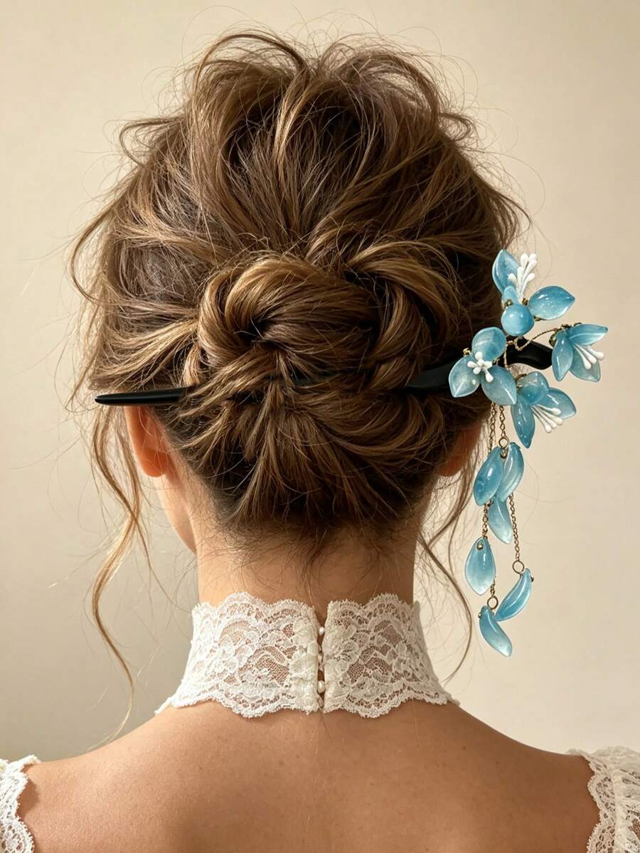 1pc Blue Glass Flower Tassel Hair Stick, Women's Elegant Updo Hair Accessory, Suitable For Daily Wear, Party, Back Of Head Styling, Gift - Multicolor - View 1