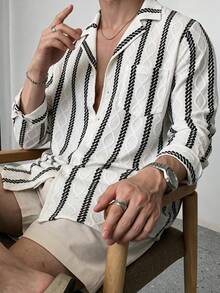 Japanese Vintage Vertical Striped Textured Knit Jacquard Casual Loose Fit Long Sleeve Shirt With Lapel Collar For Men, Spring/Autumn - White - View 4
