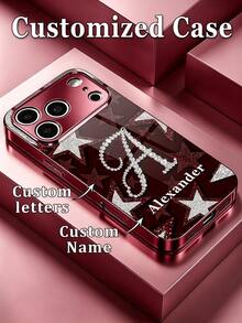 1pc Customized Name & Printed Rhinestone Pearl Cursive Initial Glitter Pentagram Background Pattern Burgundy Electroplated Frame High-Definition Glass Fashion Phone Case Compatible With Apple 18ProMax/17ProMax/16Pro/15/14Plus/13Pro/12ProMax/11/XsMax & S26Ultra/25Plus/24/23/22 & A36/A35/A33/A31/A26/A15/A13/Note20/10Pro And Other Series Models - Burgundy - View 8