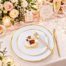 Minimalist White With Gold Rim Round Tray/Plate/Platter - 7.5 Inch Small Plate/10.25 Inch Large Plate, Stackable Space-Saving, Elegant Tableware, Suitable For Weddings, Birthday Parties, Christmas, School Gatherings, Outdoor Banquets And Daily Dining. Suitable For Both Formal And Informal Occasions, Versatile Party Tableware, Ideal Choice For Event Planners - View 6