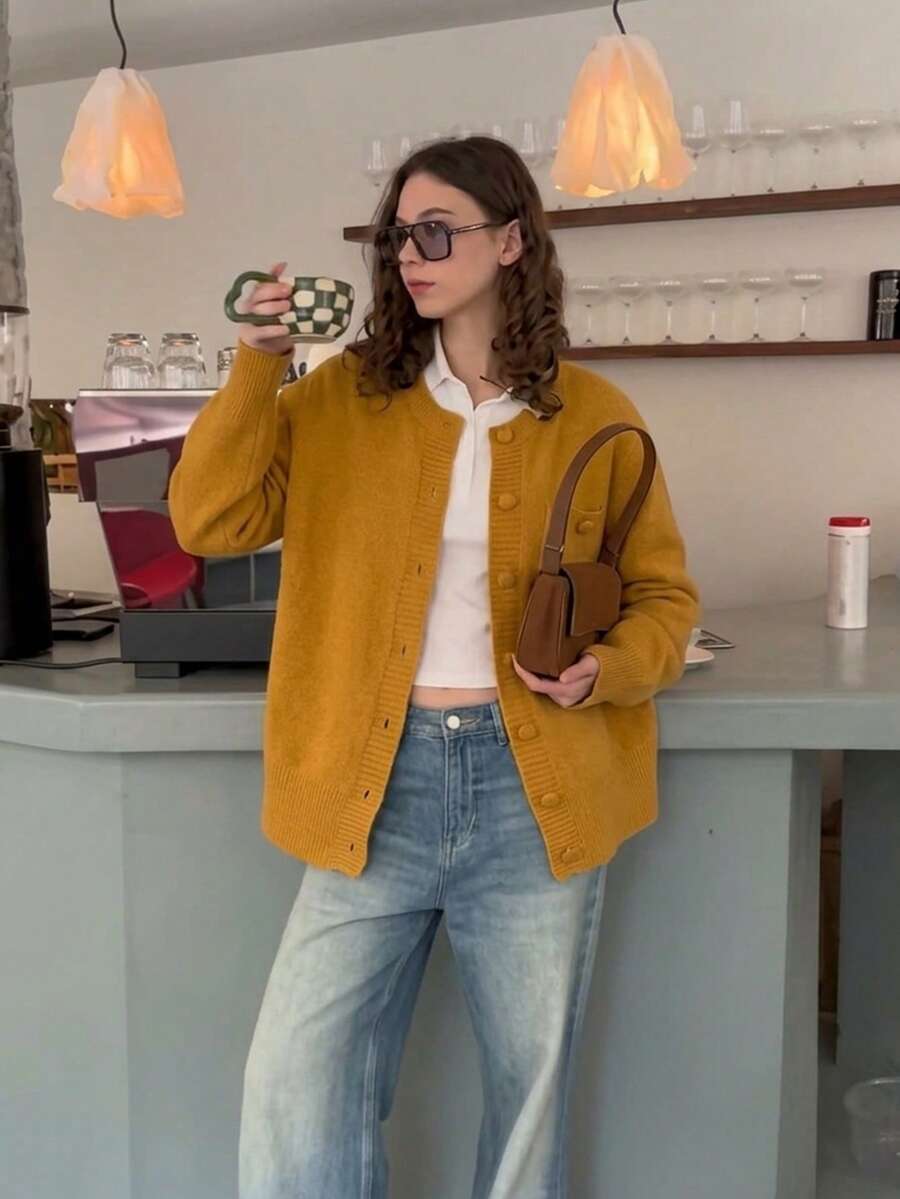 Women's Vintage Style Round Neck Cardigan Sweater With Front Pockets, Warm For Autumn/Winter - Yellow - View 1
