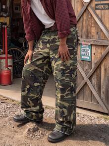 Men 100% Cotton Camo Print Wide‑Leg Cargo Pants, Raw‑Edge Hem Multi‑Pocket Baggy Streetwear Trousers (Pants Do Not Include A Belt) - Army Green - View 4