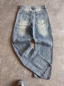 Men Vintage Acid Wash Wide Leg Jeans, Crinkle Snowflake Faded Baggy Denim Pants Streetwear (Pants Do Not Include Belt) - Blue - View 3
