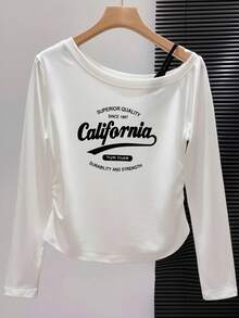 Pure Desire Style One-Shoulder Cold Shoulder Long Sleeve Fitted Waist Curved Hem White Print T-Shirt For Women, Autumn - White - View 3