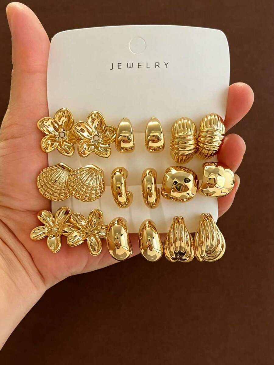18pcs/Set Fashion Shell & Flower Minimalist C-Hoop Earrings Set, Suitable For Daily Wear, Vacation, Travel And Holiday