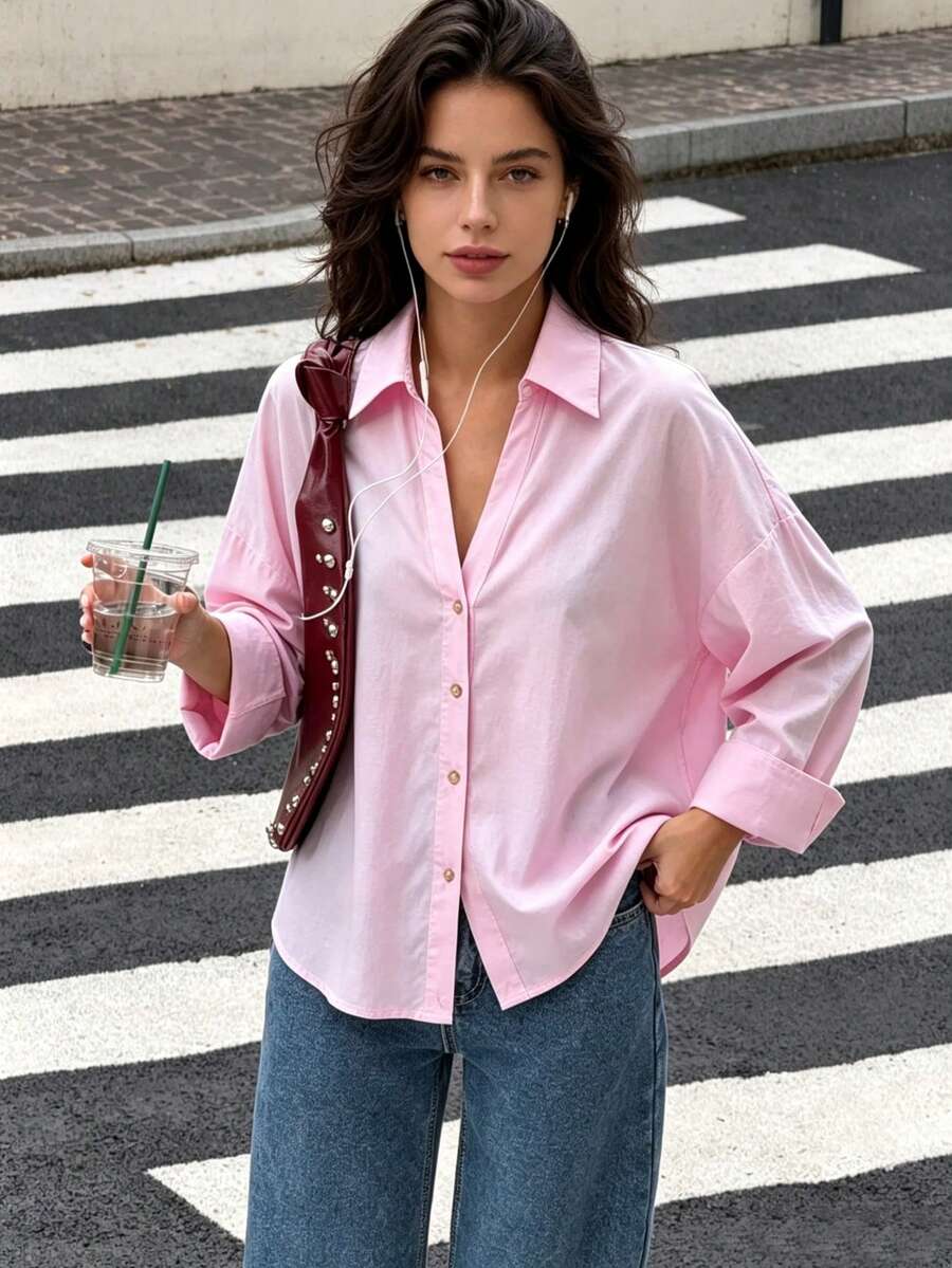 Seelio Women's Fashion Turndown Collar Short Sleeve Blouse, European And American Style, Spring/Summer Pink - Pink - View 1