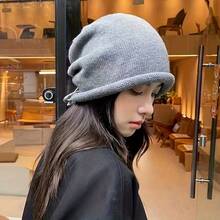1pc Drawstring Lazy Knit Slouchy Beanie, Rolled Edge Solid Color Casual Warm Knit Hat, Elastic Band Loose Fit Knit Cap, Solid Color Ear Protection Street Fashion Warm Hat, Suitable For Daily Wear - Multicolor - View 10