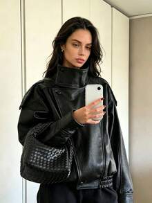 Liorin Autumn/Winter New Women's European And American Style Fashion Minimalist Versatile Lychee Grain Leather Stand Collar Jacket - Black - View 3