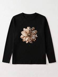 女款豹紋拼接花卉圖案圓領T恤，秋季長袖寬鬆圓領上衣，適合休閒與通勤穿著 - 黑色 - 查看 4