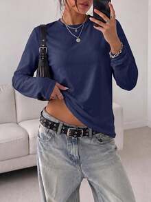 1Pc Women Solid Crew Neck Fitted Long Sleeve Tee,High-Stretch Slim Basic Top For Layering Daily Commute Wear - Navy Blue - View 1