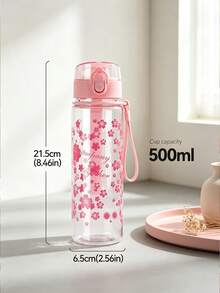Garrafa De Água Com Padrão De Flor Rosa De 500ml, Copo De Água De Plástico Simples E Transparente, 1 Unidade - Rosa chiclete - Visão 5