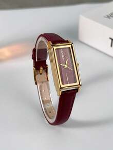 1pc Women's Minimalist Vintage Style Watch, Elegant Rectangular Dial, Waterproof, Luxury Quartz Watch, Suitable For Halloween, Christmas - Burgundy - View 1