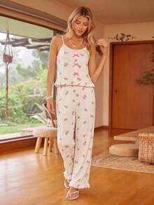 Gentle Beige & Pink Tulip Print Long Nightgown With Bright Pink Bow Thin Straps And Ruffle Hem - White - View 3
