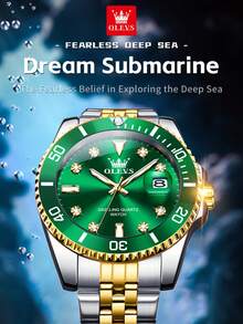 OLEVS Men Quartz Watch Luxury Two-Tone Stainless Steel Luminous Waterproof Rotating Bezel Date Display Rhinestone Business Casual Sport Diver Gift - Green - View 6