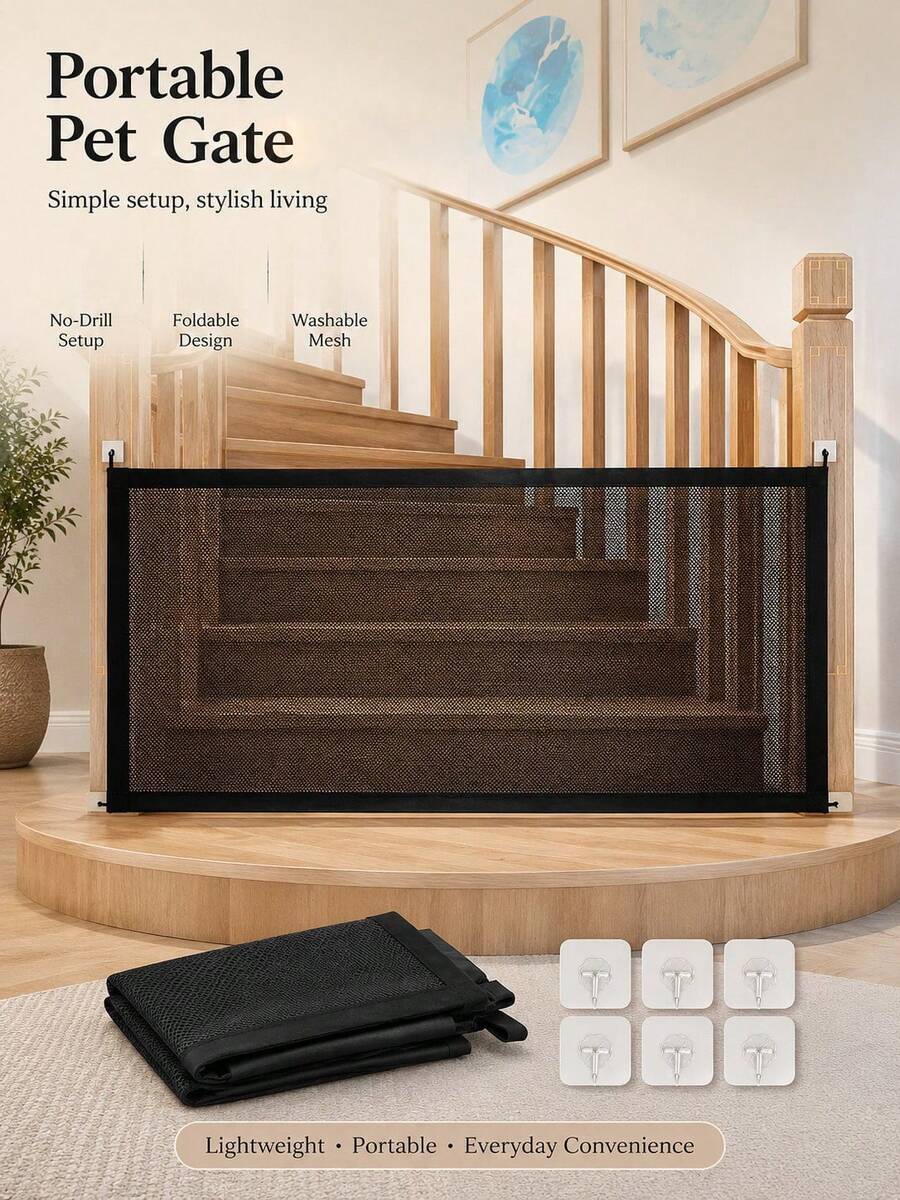 Minimalist Pet Fence, Rectangular Foldable, Black Trim With Self-Adhesive Hooks, Drill-Free Pet Barrier, Portable Pet Gate, Suitable For Doorway, Stairs, Kitchen Partition, All-Season Dog Cat Pet Supplies