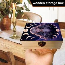1pc Handmade Wooden Storage Box, Mysterious Moon Phase And Charming Female Illustration Gift Storage Box, Jewelry Organizer Box, Bedroom Decor Keepsake Box, Vanity Organizer, Spiritual Altar Display, Bohemian And Witch Style Home Decor - Multicolor - View 3