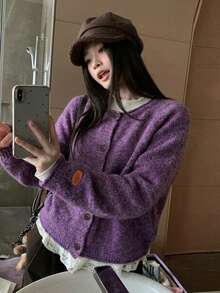 Solid Color Round Neck Cuffed Single-Breasted Knit Cardigan, Casual Commute Lazy Style Sweater Jacket - Purple - View 9