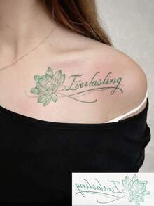 Floral Cursive Quote Temporary Tattoo Stickers, Multi-Color Thin Line Flower & Elegant Script Words, 5 Designs Pack, Waterproof Aesthetic Fake Tattoos For Collarbone Shoulder - Multicolor - View 4