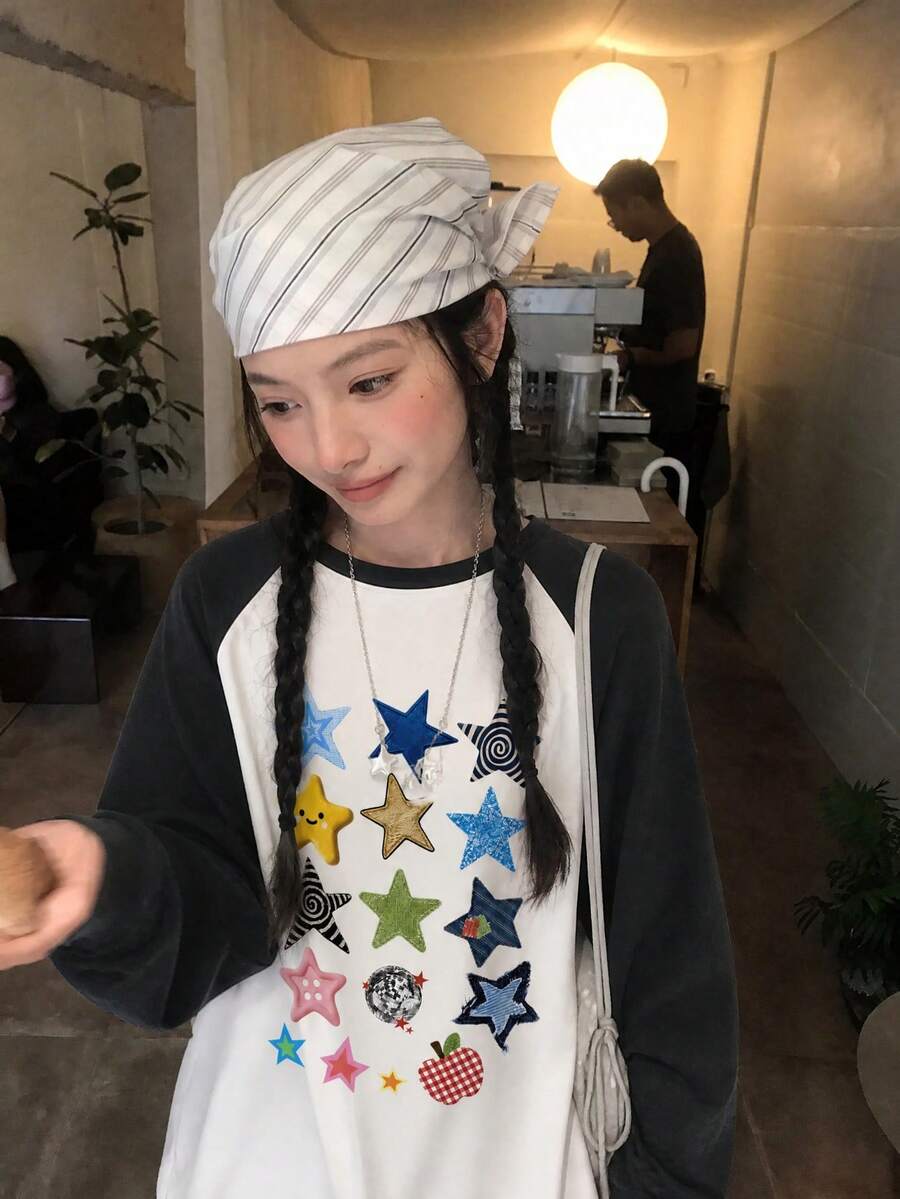 Y2K Sweet & Cool Style 1pc Women's Contrast Color Raglan Sleeve Colorful Cartoon Star Print Pattern Casual Versatile Loose Slimming Daily Street Date Long Sleeve T-Shirt Top - White - View 1