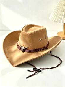 Unisex Western Cowboy Hat, Suede Wide Brim With Bull Head Metal Decor, Adjustable Chin Strap, Multi‑Color For Outdoor Party Daily Wear - Three-rope Corner Silver Cow - View 6