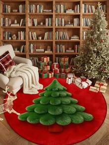 Karpet Bulat Berumbai Warna Burgundy untuk Natal, Motif Kotak-kotak, Boneka Salju, Kue Jahe, Hadiah Permen Tongkat, Karpet Mewah - MultiWarna - View 2