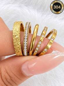 5pcs/Set Women's Minimalist Elegant Crushed Ice Stackable Rings, Daily Commute Wear, Holiday Outfit Accessory - Gold - View 3