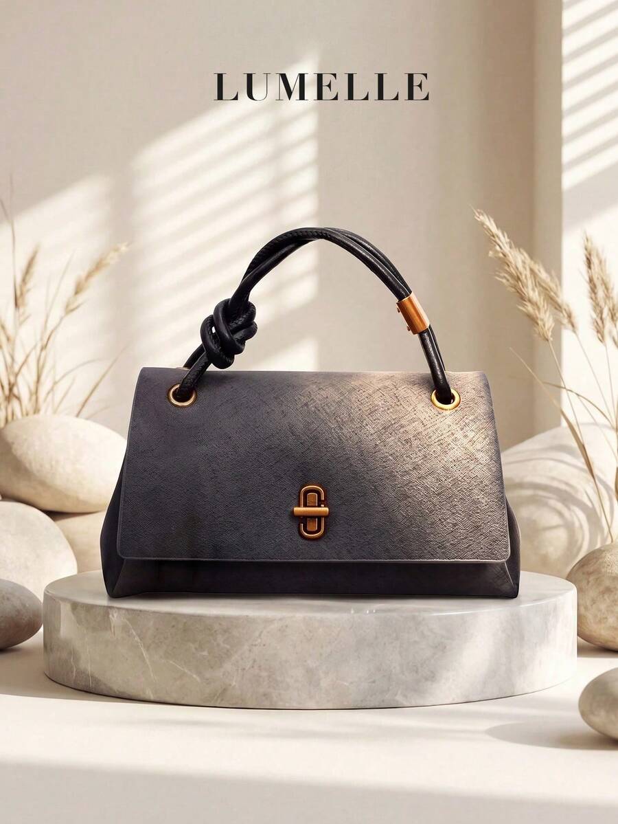 Premium PU Flap Women's Bag, Unique Knotted Twisted Top Handle, Minimalist Versatile Small Square Bag, Suitable For Commuting, Daily Outings And Dating - Black - View 1